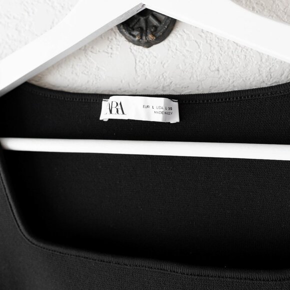 Zara Crop Top Sz Large Black Square Neck Long Sleeve Stretchy Minimalist Chic - Picture 2 of 5